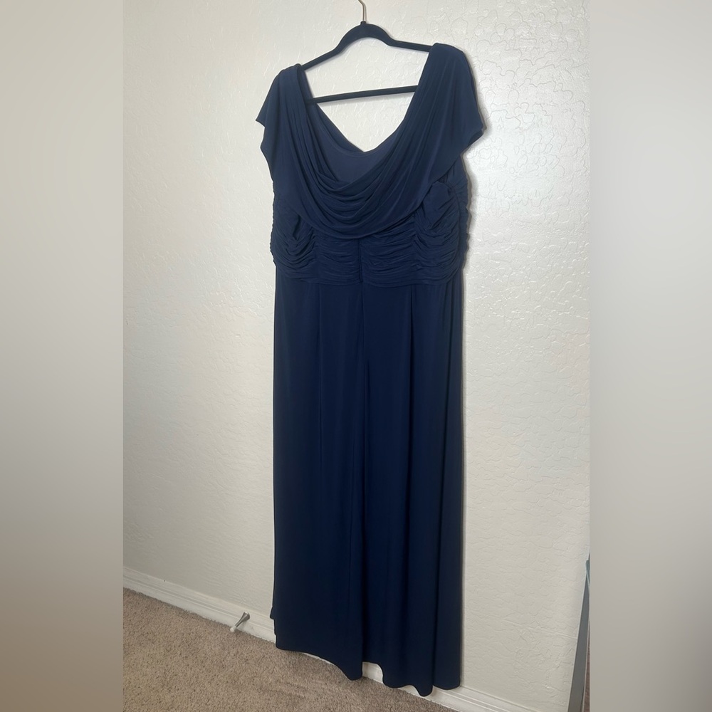 Alex Evenings 20W Long Navy Gown Cowl Cap Sleeves Maxi Slit Jersey Plus Size - Picture 6 of 8